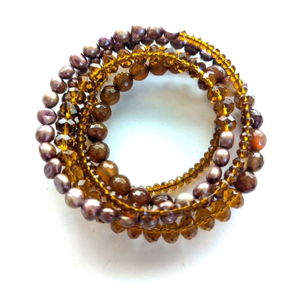 Faceted Amber Glass Freshwater Purple Pearl Natural Stone Stacked Boho Bracelet